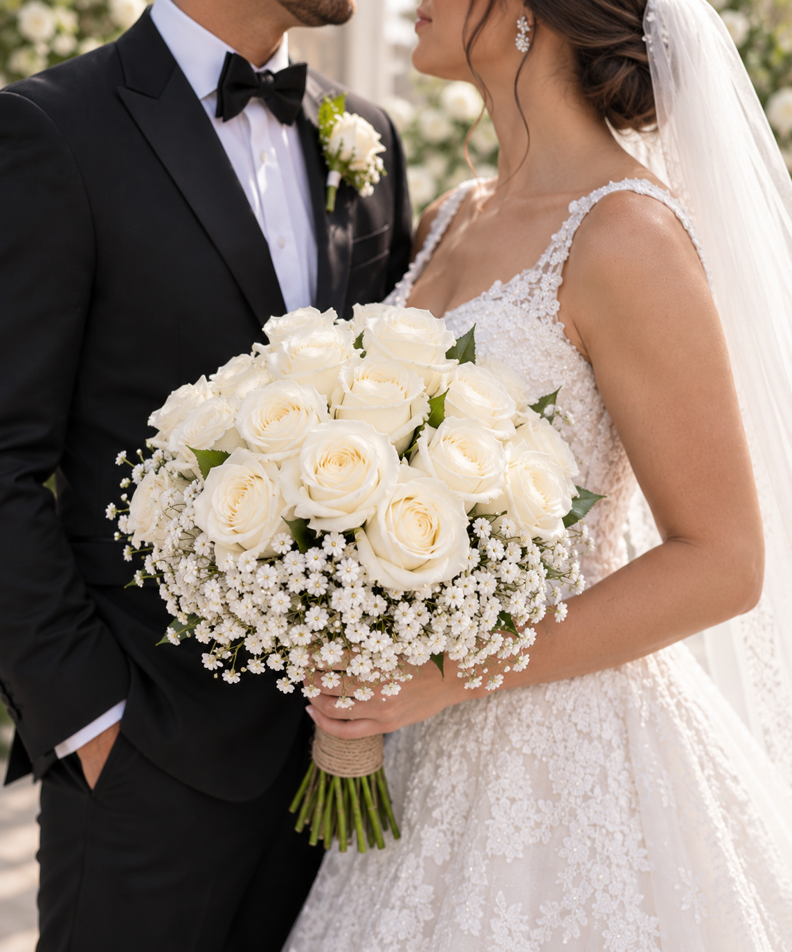 Timeless Ivory Bridal Bouquet and boutonniere - forever roses store