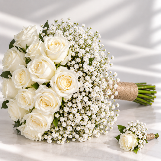 Timeless Ivory Bridal Bouquet and boutonniere - forever roses store 